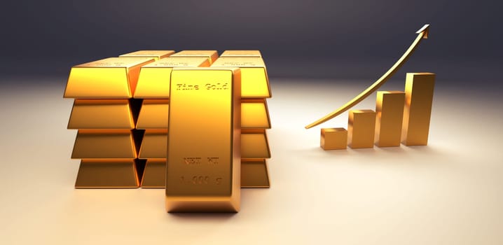 Stacked fine gold bars with an upswing arrow on a grey background, 3d rendering, financial concept