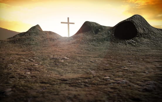 A big cross on a hill, resurrection of Jesus Christ, crucifixion, sun rising, mixed media