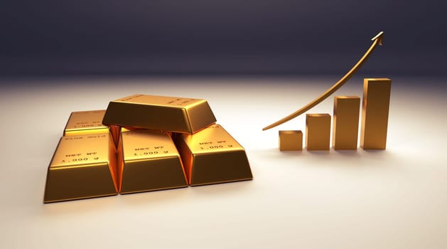 Stacked fine gold bars with an upswing arrow on a grey background, 3d rendering, financial concept