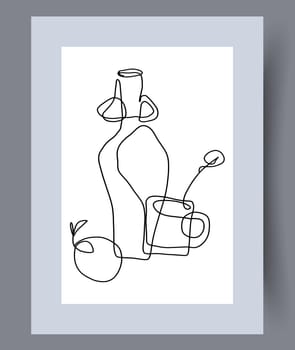 Still life bottle apple mug wall art print. Printable minimal abstract bottle poster. Contemporary decorative background with mug. Wall artwork for interior design.