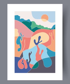 Landscape nature bohemian scenery wall art print. Wall artwork for interior design. Contemporary decorative background with scenery. Printable minimal abstract nature poster.