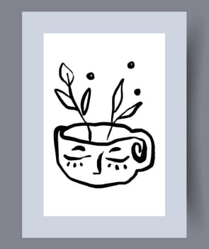 Still life plant mug face wall art print. Printable minimal abstract plant poster. Wall artwork for interior design. Contemporary decorative background with face.