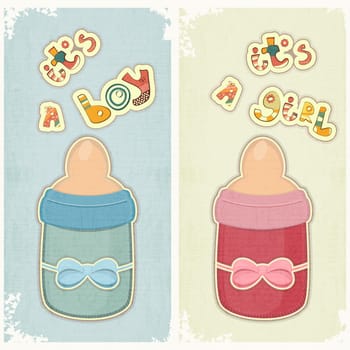 Set of Birthday Card for Boy and Girl. Baby milk bottle on vintage background. Vector illustration.