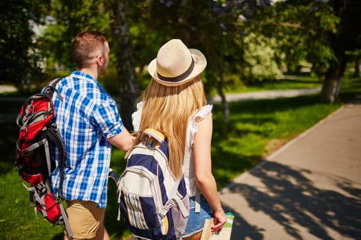 Affectionate dates walking in foreign city
