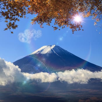 Image of sacred mountain of Fuji in the background at Japan for adv or others purpose use