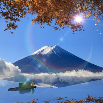 Image of sacred mountain of Fuji in the background at Japan for adv or others purpose use