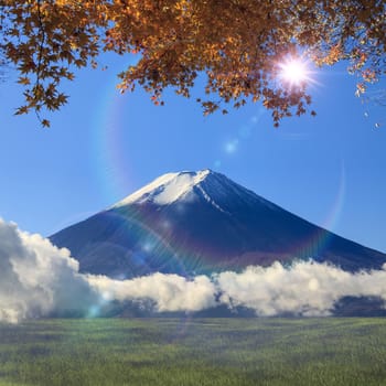 Image of sacred mountain of Fuji in the background at Japan for adv or others purpose use