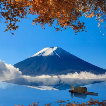 Image of sacred mountain of Fuji in the background at Japan for adv or others purpose use
