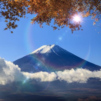 Image of sacred mountain of Fuji in the background at Japan for adv or others purpose use
