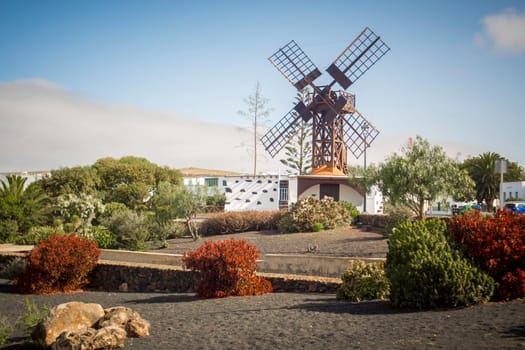 Teguise, Lanzarote, Spain, March 2023: View on the Molina de Teguise, local wind on Lanzarote