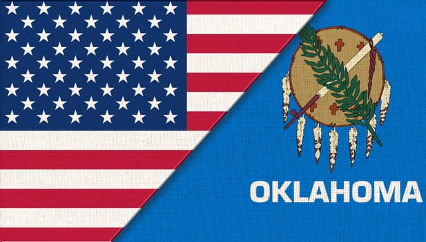 Flags of USA and Oklahoma. Political concept. Flags of Oklahoma and United states of America. American national flag and Oklahoma. Two flags on fabric surface. Double flag 3d illustration