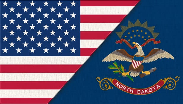 Flags of USA and North Dakota. Political concept. Flags of North Dakota and United states of America. American national flag and North Dakota. Two flags on fabric surface. Double flag 3d illustration