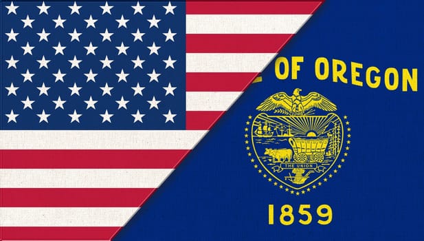 Flags of USA and Oregon. Political concept. Flags of Oregon and United states of America. American national flag and Oregon. Two flags on fabric surface. Double flag 3d illustration