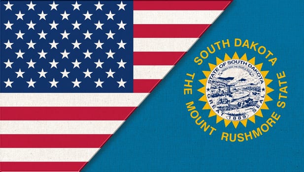 Flags of USA and South Dakota. Political concept. Flags of South Dakota and United states of America. American South Dakota flag. Two flags on fabric surface. Double flag 3d illustration