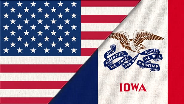 Flags of USA and Iowa. Political concept. Flags of Iowa and United states of America. American national flag and Iowa. Two flags on fabric surface. Double flag 3d illustration
