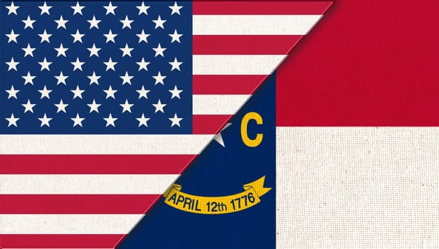 Flags of USA and North Carolina. Political concept. Flags of North Carolina and United states of America. American North Carolina flag. Two flags on fabric surface. Double flag 3d illustration