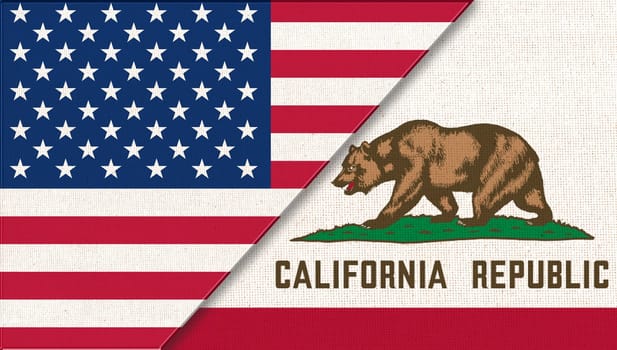Flags of USA and California. Political concept. Flags of California and United states of America. American national flag and California. Two flags on fabric surface. Double flag 3d illustration