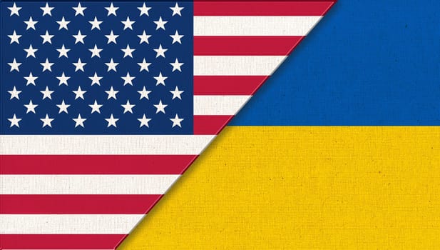 Flags of USA and Ukraine - 3D illustration. Two Flags Together - Fabric Texture. National Symbols of Ukraine and United states of America. Two Countries. military assistance. Mutual assistance. Friendly help
