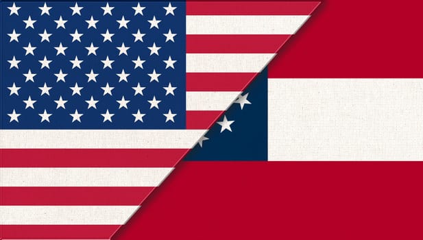 Flags of USA and Georgia. Political concept. Flags of Georgia and United states of America. American national flag and Georgia. Two flags on fabric surface. Double flag 3d illustration
