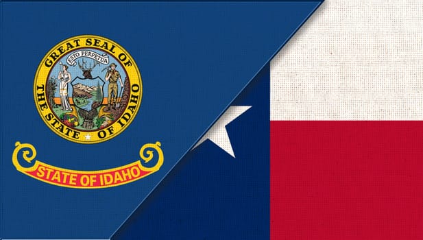 Flags of Idaho and Texas. Sports competition. sports match between Idaho and Texas. Doudle flags of Idaho and Texas fabric surface. symbol of states on fabric texture