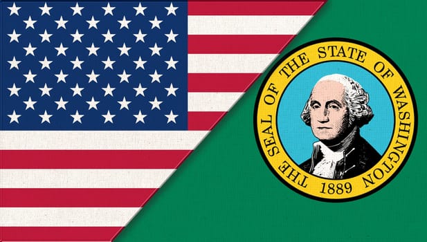 Flags of USA and Washington. Political concept. Flags of Washington and United states of America. American national flag and Washington. Two flags on fabric surface. Double flag 3d illustration