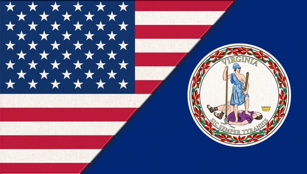 Flags of USA and Virginia. Political concept. Flags of Virginia and United states of America. American national flag and Virginia. Two flags on fabric surface. Double flag 3d illustration