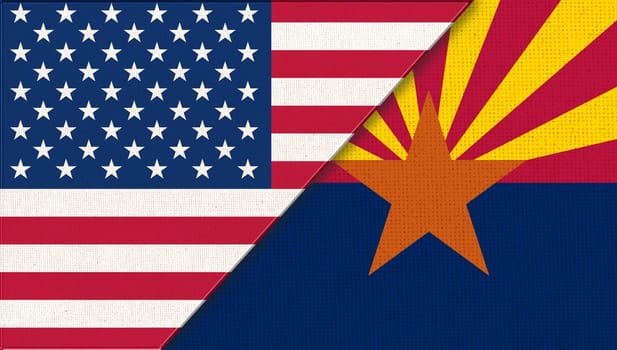 Flags of USA and Arizona. Political concept. Flags of Arizona and United states of America. American national flag and Arizona. Two flags on fabric surface. Double flag 3d illustration