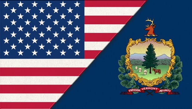 Flags of USA and Vermont. Political concept. Flags of Vermont and United states of America. American national flag and Vermont. Two flags on fabric surface. Double flag 3d illustration