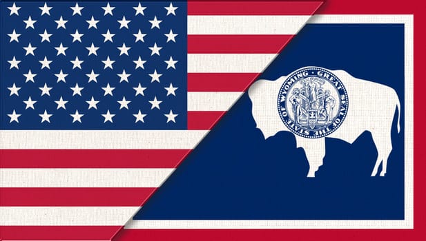 Flags of USA and Wyoming. Political concept. Flags of Wyoming and United states of America. American national flag and Wyoming. Two flags on fabric surface. Double flag 3d illustration