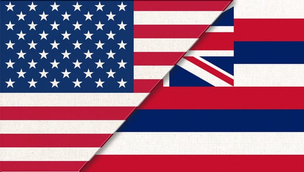 Flags of Hawaii and United states of America. Flags of USA and Hawaii. Political concept. American national flag and Hawaii. Two flags on fabric surface. Double flag 3d illustration