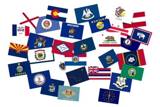 US state flags on white background. Political concept. 50 flags 3d illustration. Symbols of United states of America. Flags of US states. American state signs. flags on fabric surface