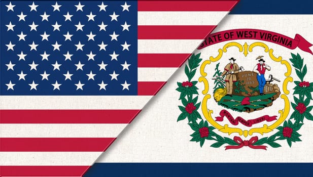 Flags of Virginia and United states of America. Flags of USA and Virginia. Political concept. American national flag and Delaware. Two flags on fabric surface. Double flag 3d illustration