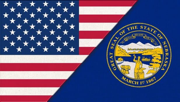 Flags of USA and Nebraska. Political concept. Flags of Nebraska and United states of America. American national flag and Nebraska. Two flags on fabric surface. Double flag 3d illustration