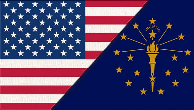 Flags of Indiana and United states of America. Flags of USA and Indiana. Political concept. American national flag and Indiana. Two flags on fabric surface. Double flag 3d illustration