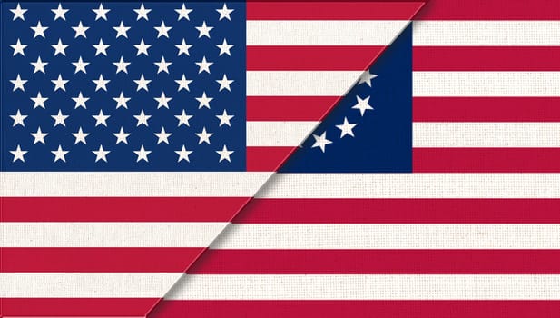 Flags of USA and Betsy Ross. historical concept. Flags of Betsy Ross and United states of America. American national flag and Betsy Ross. Two flags on fabric surface. Double flag 3d illustration