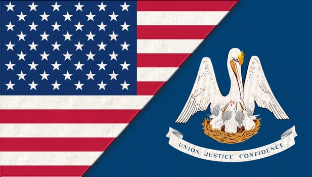 Flags of Louisiana and United states of America. Flags of USA and Louisiana. Political concept. American national flag. collaboration of USA and Louisiana. Double flag 3d illustration