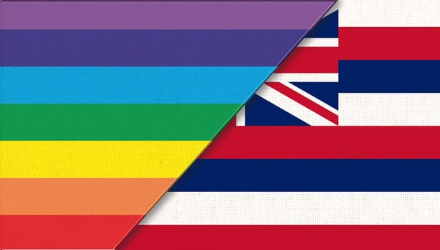 Flags of Hawaii and lgbt. sexual concept. Flags of Hawaii and and flag of sexual minorities on fabric surface. Two flags on fabric surface. Double flag 3d illustration. Flag symbol Hawaii
