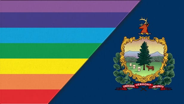 Flags of Vermont and lgbt. sexual concept. Flags of Vermont and and flag of sexual minorities on fabric surface. Two flags on fabric surface. Double flag 3d illustration. Flag symbol Vermont