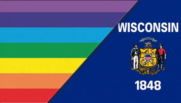 Flags of Wisconsin and lgbt. sexual concept. Flags of Wisconsin and and flag of sexual minorities on fabric surface. Two flags on fabric surface. Double flag 3d illustration. Flag symbol Wisconsin