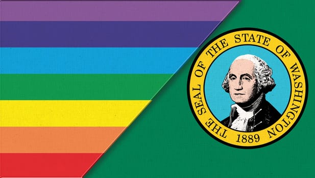 Flags of Washington and lgbt. sexual concept. Flags of Washington and and flag of sexual minorities on fabric surface. Two flags on fabric surface. Double flag 3d illustration. Flag symbol Washington