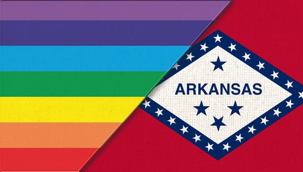 Flags of Arkansas and lgbt. sexual concept. Flags of Arkansas and and flag of sexual minorities on fabric surface. Two flags on fabric surface. Double flag 3d illustration. Flag symbol Arkansas