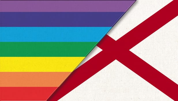 Flags of Alabama and lgbt. sexual concept. Double flag 3d illustration. Flag symbol Alabama. Flags of Alabama and and flag of sexual minorities on fabric surface. Two flags on fabric surface.