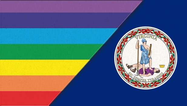 Flags of Virginia and lgbt. sexual concept. Double flag 3d illustration. Flag symbol Iowa. Flags of Virginia and and flag of sexual minorities on fabric surface. Two flags on fabric surface.