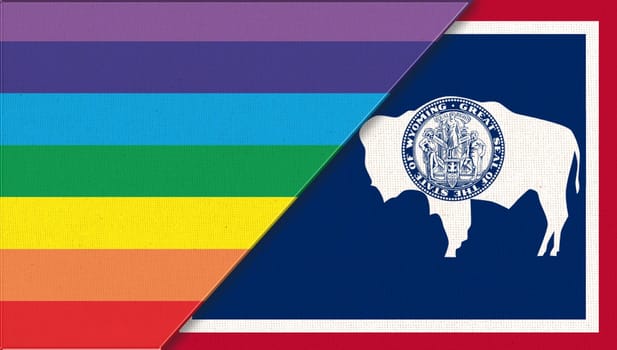 Flags of Wyoming and lgbt. sexual concept. Flags of Wyoming and and flag of sexual minorities on fabric surface. Two flags on fabric surface. Double flag 3d illustration. Flag symbol Wyoming