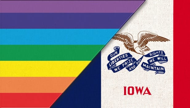 Flags of Iowa and lgbt. sexual concept. Double flag 3d illustration. Flag symbol Iowa. Flags of Iowa and and flag of sexual minorities on fabric surface. Two flags on fabric surface.