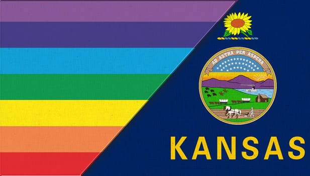 Flags of Kansas and lgbt. sexual concept. Double flag 3d illustration. Flag symbol Iowa. Flags of Kansas and and flag of sexual minorities. Two flags on fabric surface. Symbol of sexual minorities