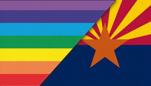 Flags of Arizona and lgbt. sexual concept. Flags of Arizona and and flag of sexual minorities on fabric surface. Two flags on fabric surface. Double flag 3d illustration. Flag symbol Arizona
