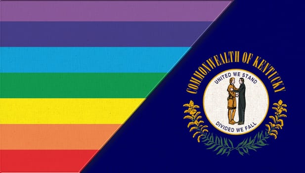 Flags of Kentucky and lgbt. sexual concept. Double flag 3d illustration. Flag symbol Iowa. Flags of Kentucky and and flag of sexual minorities. Two flags on fabric surface. Symbol of sexual minorities