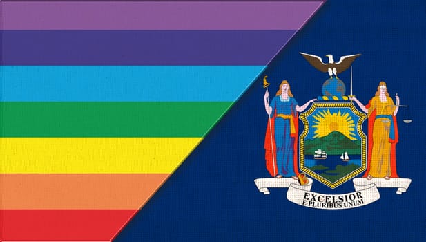 Flags of New York and lgbt. sexual concept. Double flag 3d illustration. Flag symbol New York. Flags of New York and sexual minorities. Two flags on surface. Symbol of sexual minorities
