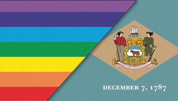 Flags of Delaware and lgbt. sexual concept. Flags of Delaware and and flag of sexual minorities on fabric surface. Two flags on fabric surface. Double flag 3d illustration. Flag symbol